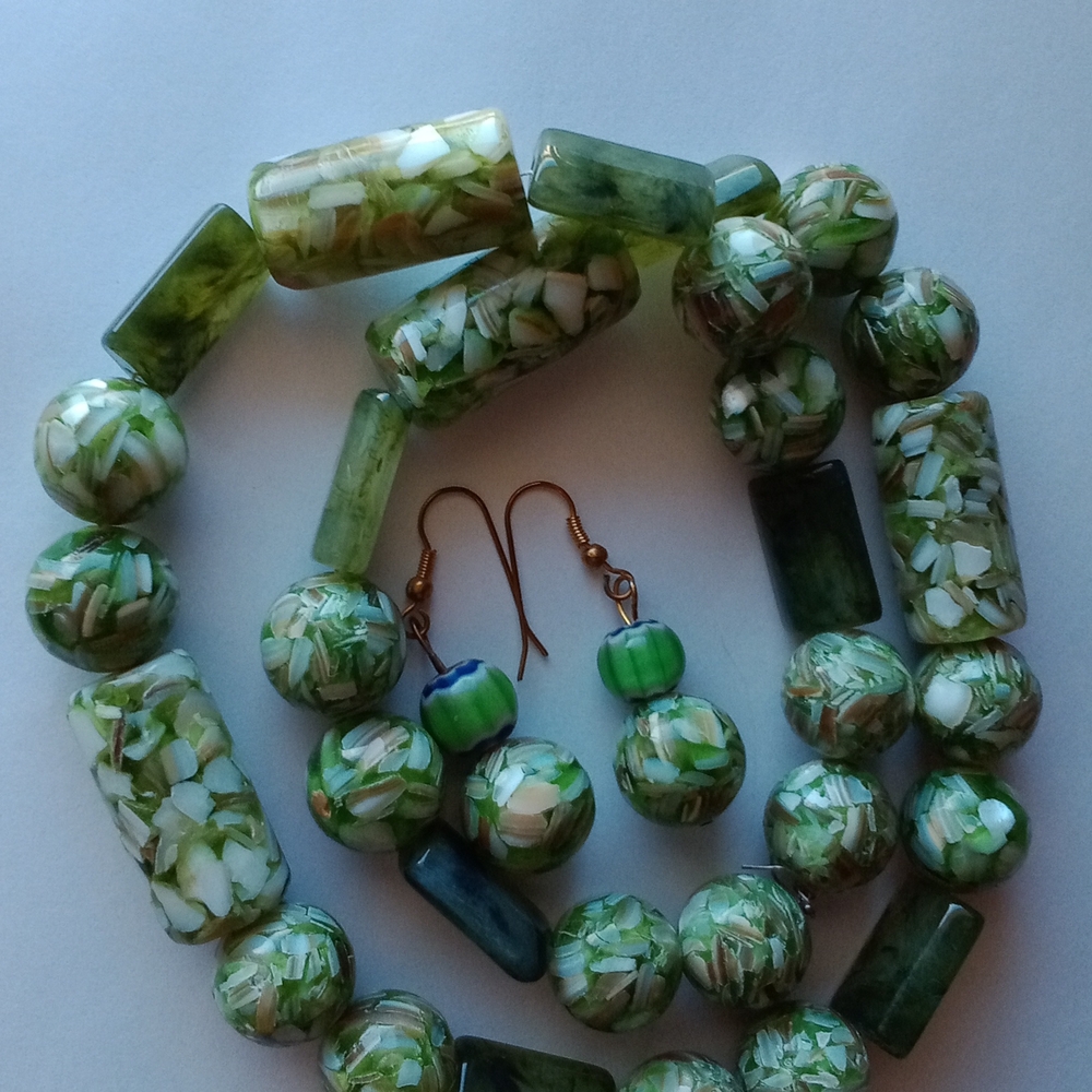 Green Natural Stone Necklace with Textural Beads